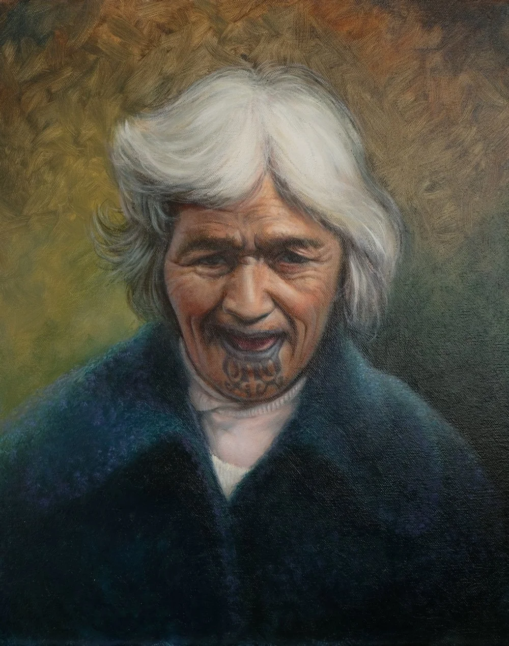 The Joke's On Me, oil on canvas, signed PJ Waddington.
I met Mrs Rutene, who was blind, when she was living with her family in Ruatoki. I captured this Tuhoe elder at a time when she was laughing at me.