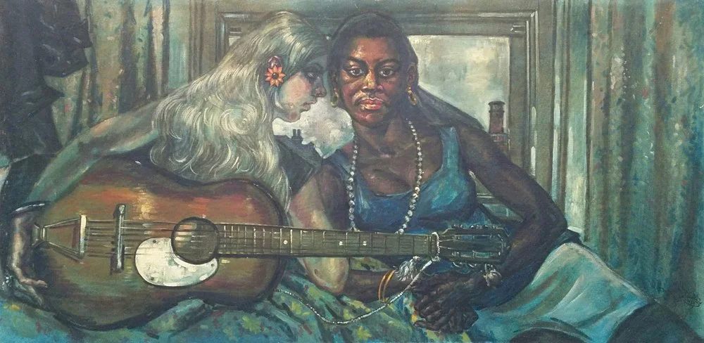 The Musicians, London, oil on canvas, signed Leonard V Mitchell 1969, 58cm x 135cm.