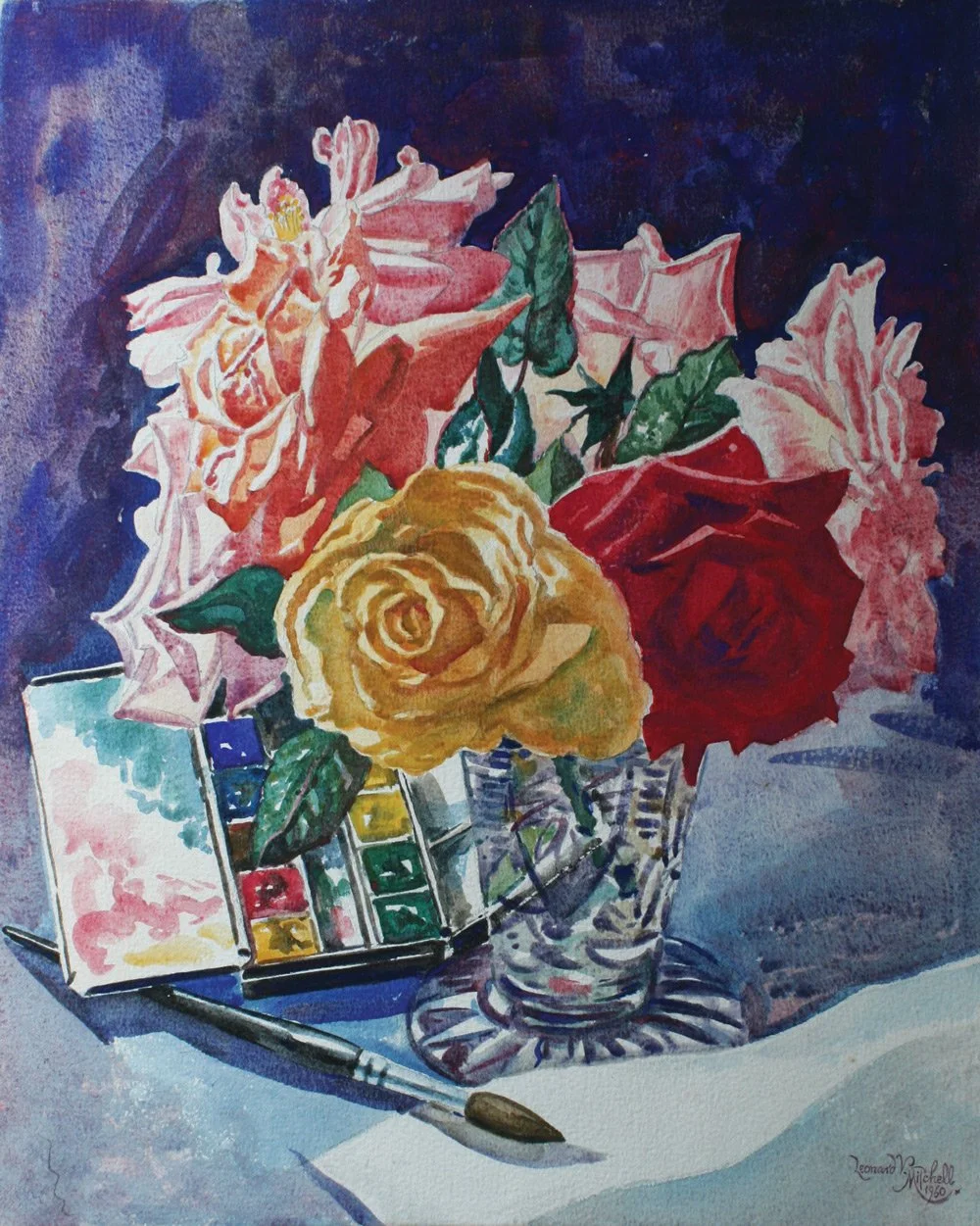 Still Life with Watercolour Palette and Brush, watercolour on paper, signed Leonard V Mitchell 1960, 41cm x 33cm.