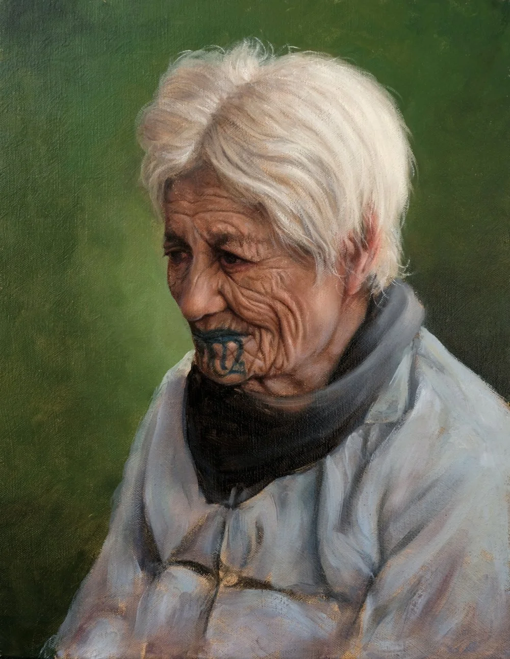 Reflecting, oil on canvas, signed PJ Waddington.

Mrs Natana was a very old Tuhoe Kuia. I met her in her family’s home in Ruatahuna. I remember as being a very gentle, quiet lady.