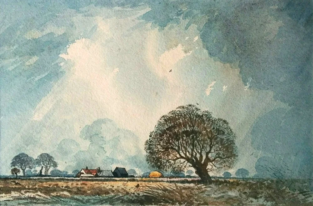 Showery Day, Essex Fields 1968, watercolour on paper, signed Leonard V Mitchell 1968, 22cm x 30cm. SOLD 2018 for $2,500.
