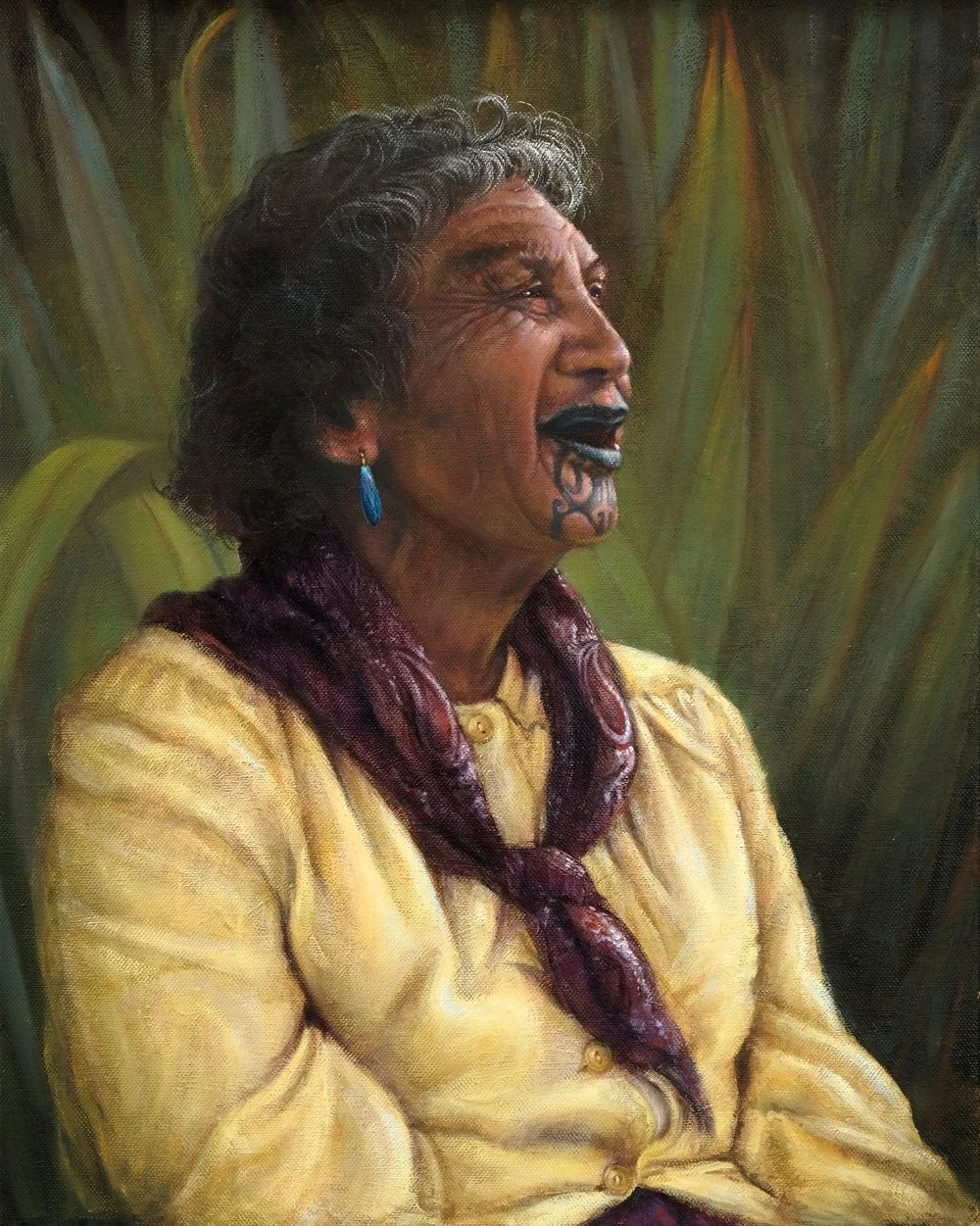 Kapai te Paua, oil on canvas, signed PJ Waddington.
Portrait of Te Onewhero Takurua (nee Tamarau) also known as Tangi Tamarau or Tangi Ariki (high born) showing off her earrings that I had just given her. She was chieftainess of all the Tuhoe people.