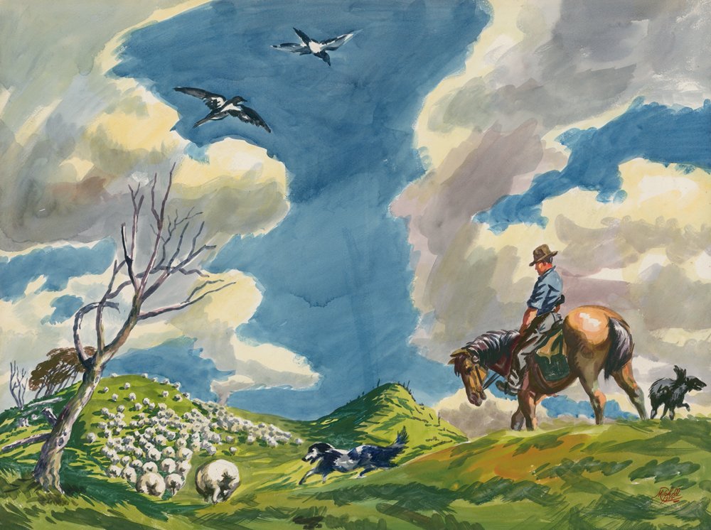 Musterer with Magpies, from an original watercolour by Leonard Victor Mitchell. Limited Edition of 50 at original size –  500x670mm (artwork), unframed. $300 excluding delivery.