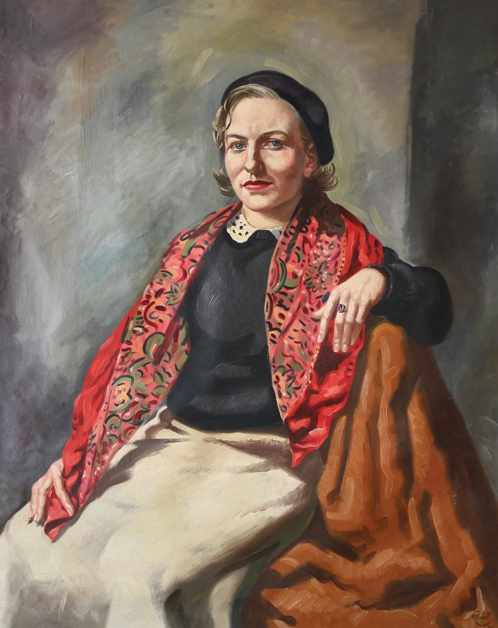 Portrait of Pat with Red Scarf, oil on canvas, signed Mitchell (c1955), 117cm x 95cm.