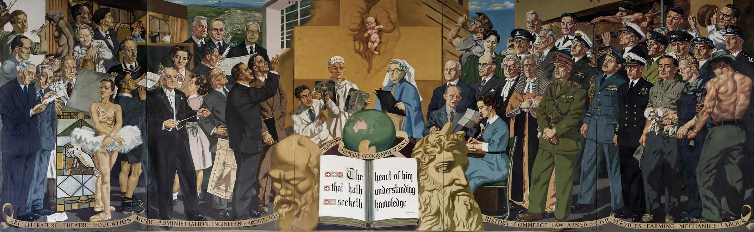 Human Endeavour, oil on canvas, Leonard Victor Mitchell 1956, 250cm x 850cm (composed of five canvases each approximately 167cm x 250cm). On display, Lower Hutt War Memorial Library.