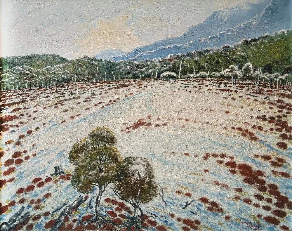 Snowfield Ruahine, oil on board, signed Leonard Mitchell 1959, 57cm x 69cm.