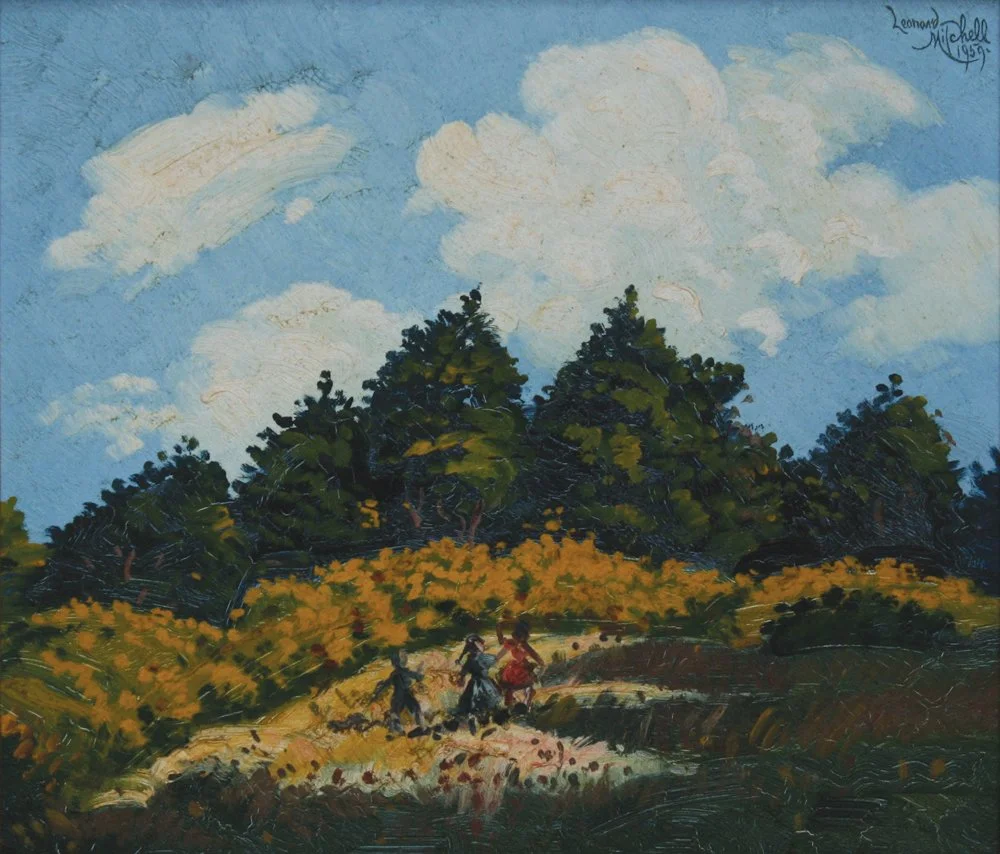 Children in Meadow, oil on board, signed Leonard Mitchell 1959, 31cm x 35cm.
