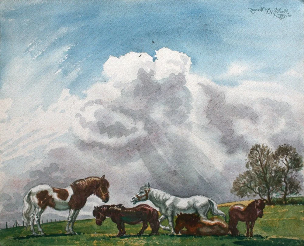 Ponies in English Landscape, watercolour on paper, signed Leonard V Mitchell 1972, 22cm x 27cm. SOLD 2018 for $2,000.