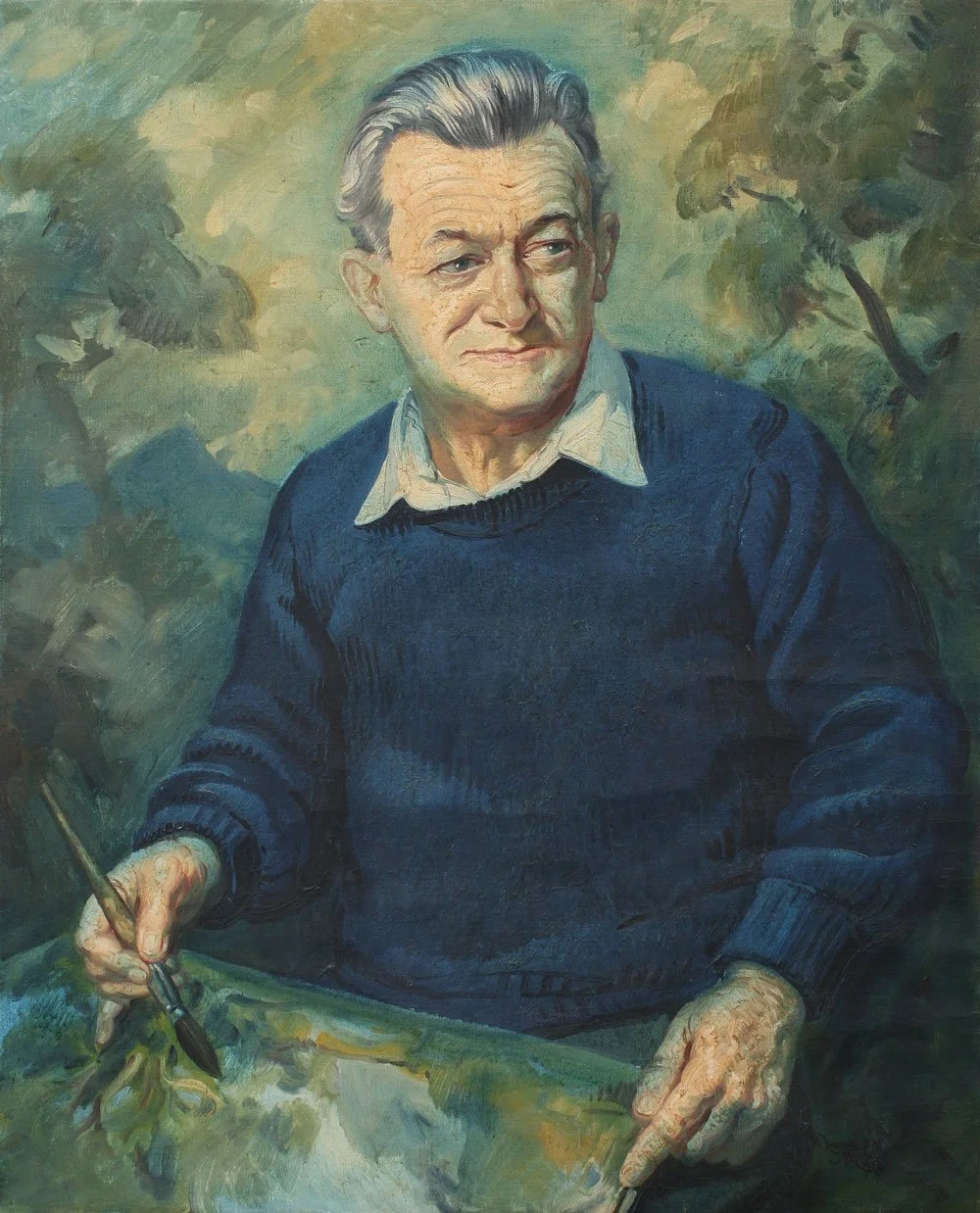 Cedric Savage, oil on canvas, 96cm x 76cm, signed Leonard Mitchell, 1958. Background painted by Savage. Mitchell Family collection.