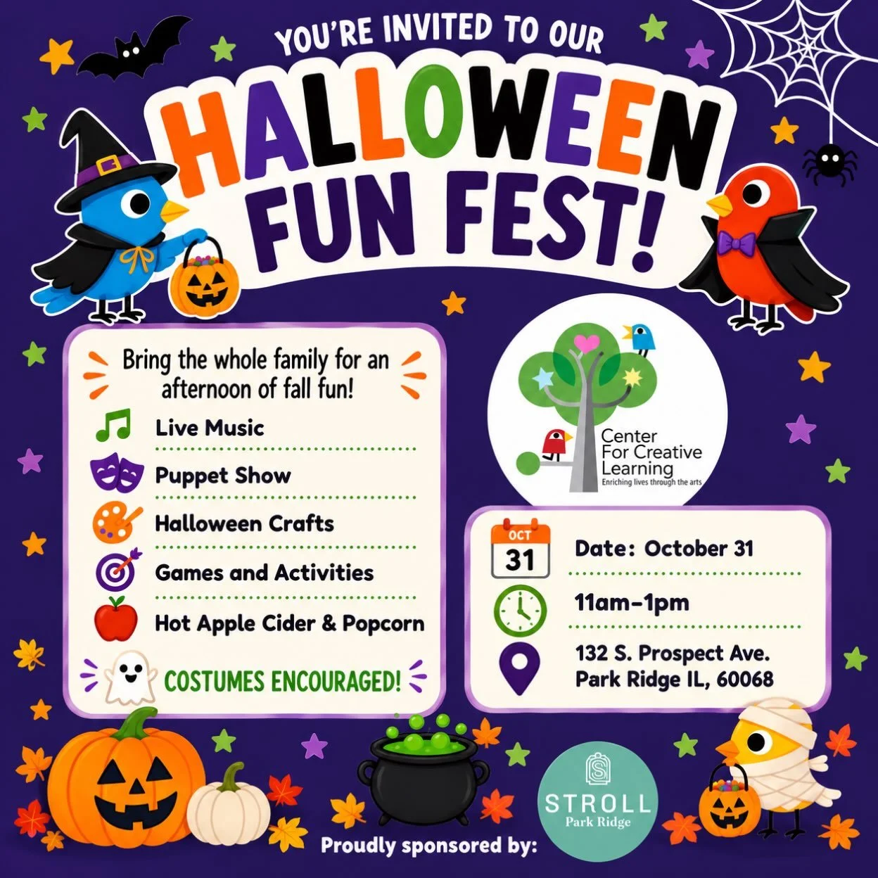 🎃👻 Calling all little ghosts, goblins and ghouls! 🦇🧡

Join us for a FREE spooktacular Halloween Fun Fest at the Center for Creative Learning! 🎨🎶

Enjoy live music, a puppet show, Halloween crafts, games, hot apple cider, popcorn and more! 🍎🍿
