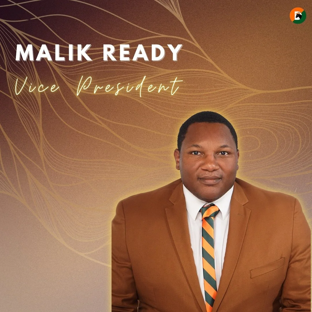 My name is Malik Ready, a fourth-year Political Science scholar from Tallahassee, Florida, by way of Altamonte Springs, Florida. I&rsquo;m a proud transfer student from Tallahassee State Community College and I currently serve as your Vice President 