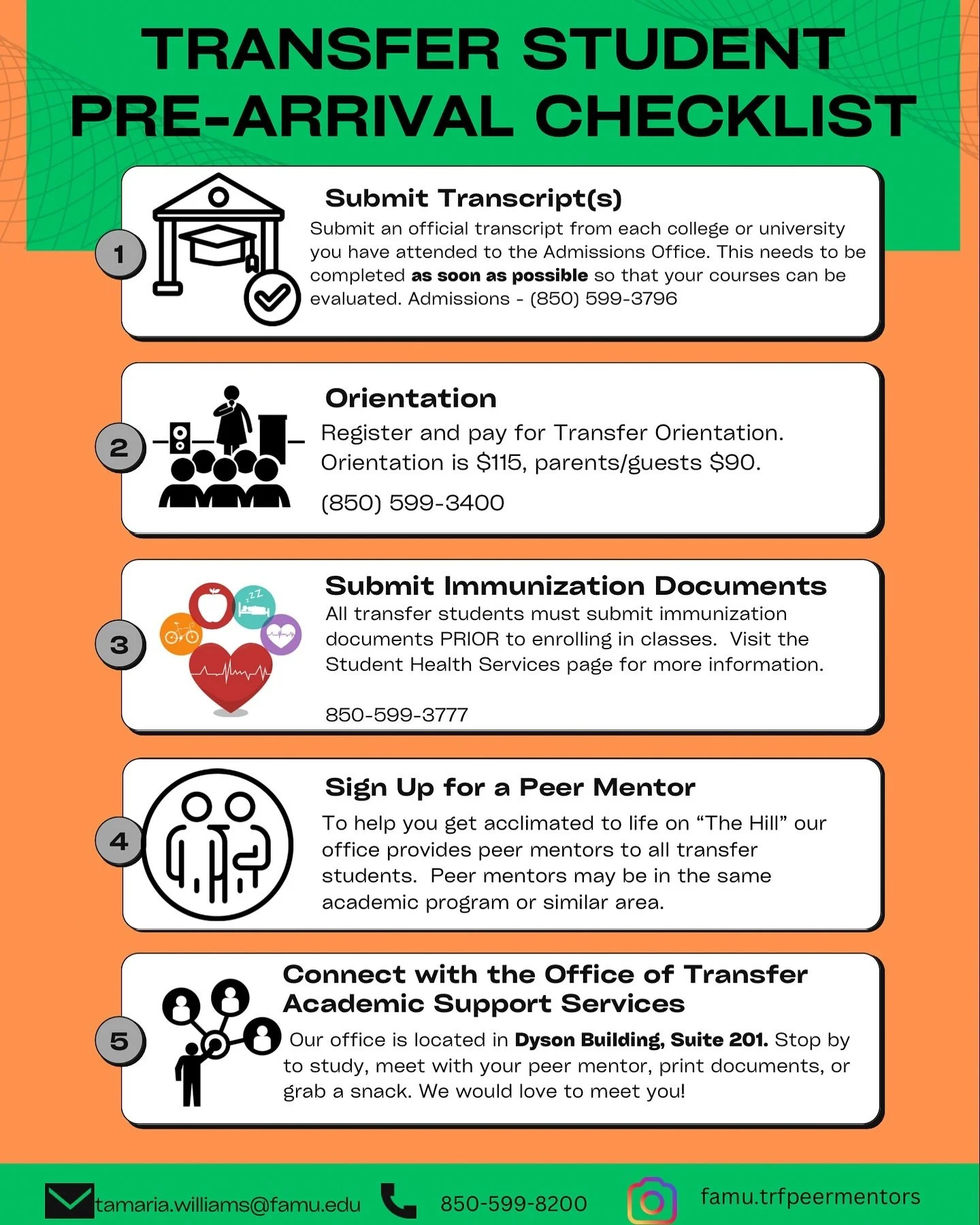 Are you planning on transferring to FAMU? 🤔 Here&rsquo;s our Transfer Pre-Arrival Checklist 📋✅ Are you prepared to transfer? 🐍

#famu24 #famutransferpeermentors #famutransferstudents