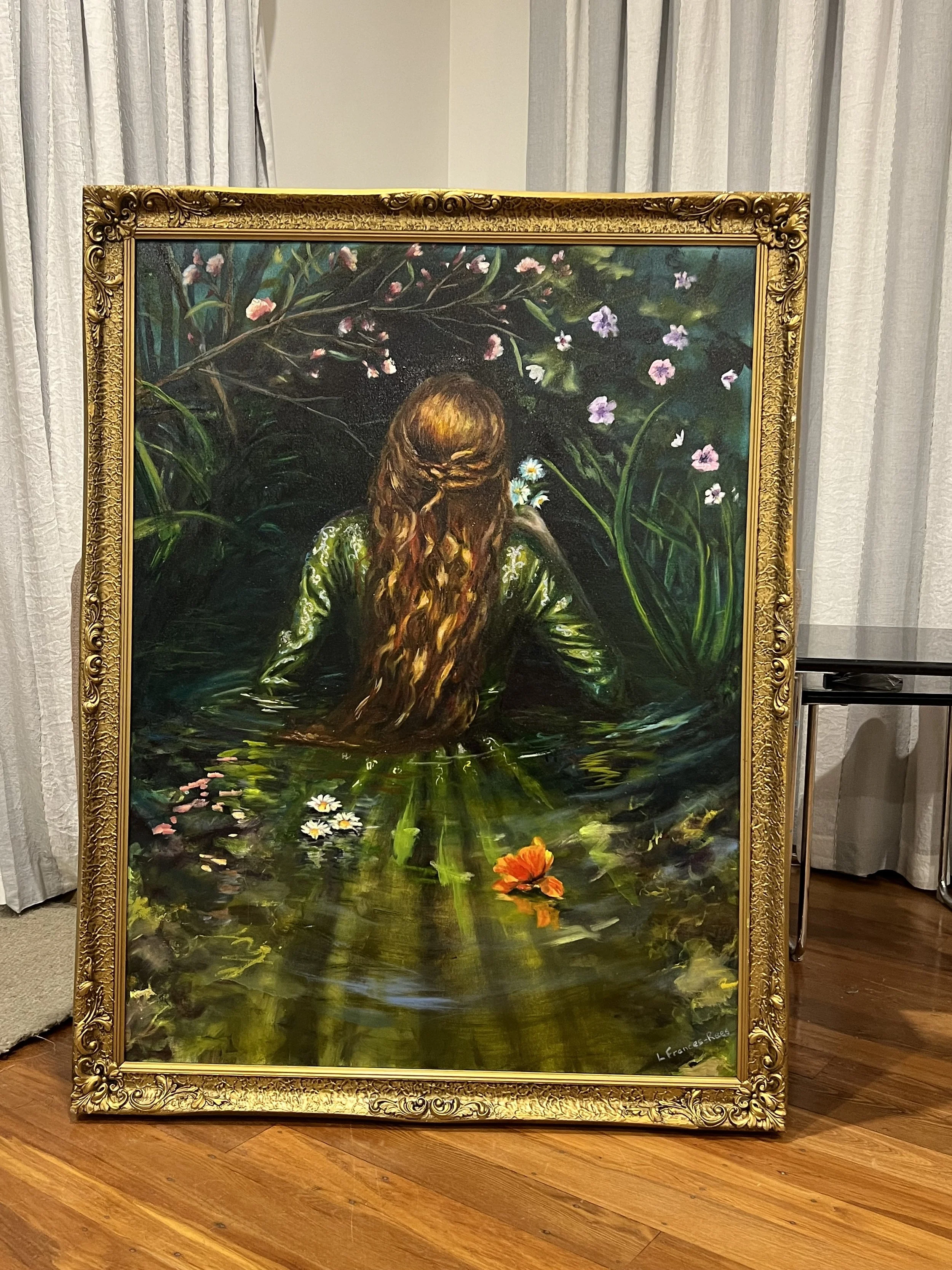 SOLD at NZ Academy of Fine Arts Exhibition 2025.  Framed print available at The Core Bar and Grill, Christchurch: "Stuff you Hamlet - Ophelia Rises" - Oil on gallery wrapped canvas, 40"x30"