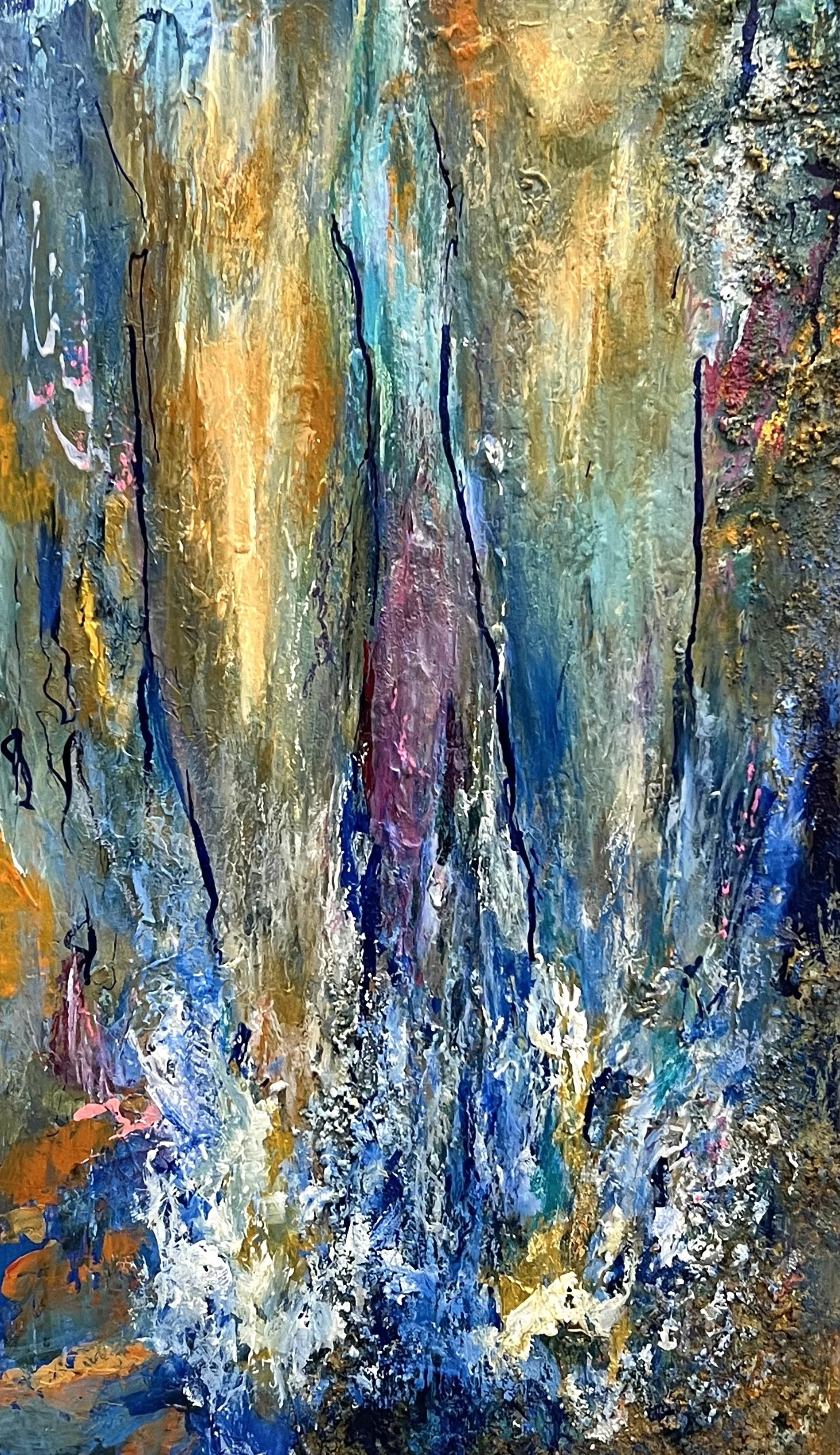 'How Lovely (on the mountain are the feet of him who brings good news).  Mixed Media on Ply, 45x20"  $600