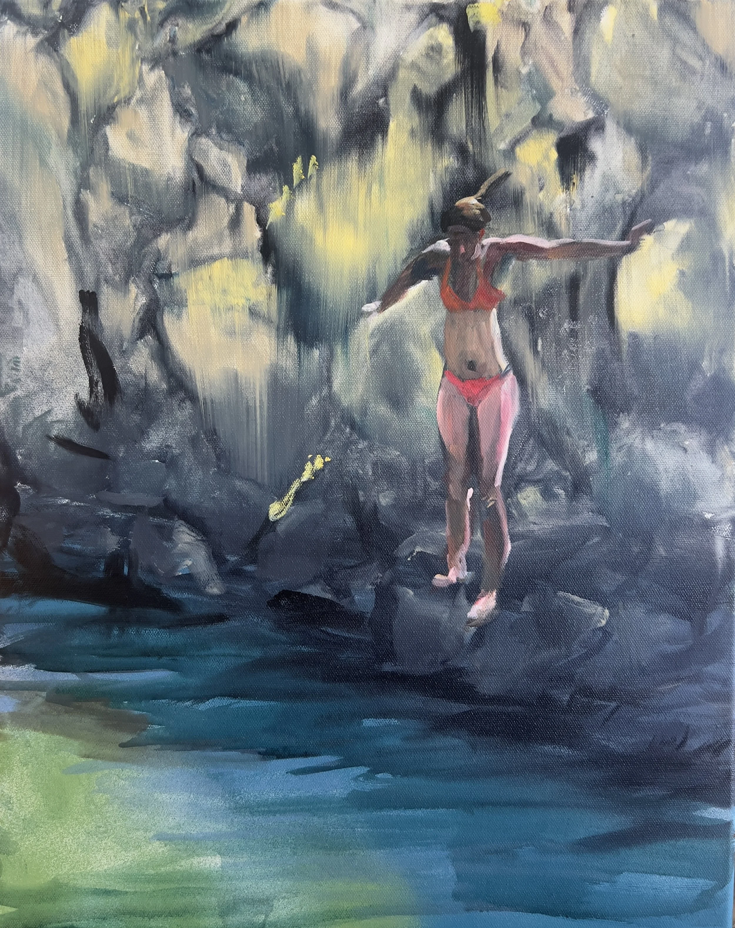 "Leap of Faith" 16x20" mixed media and oil on gallery wrapped canvas, $550