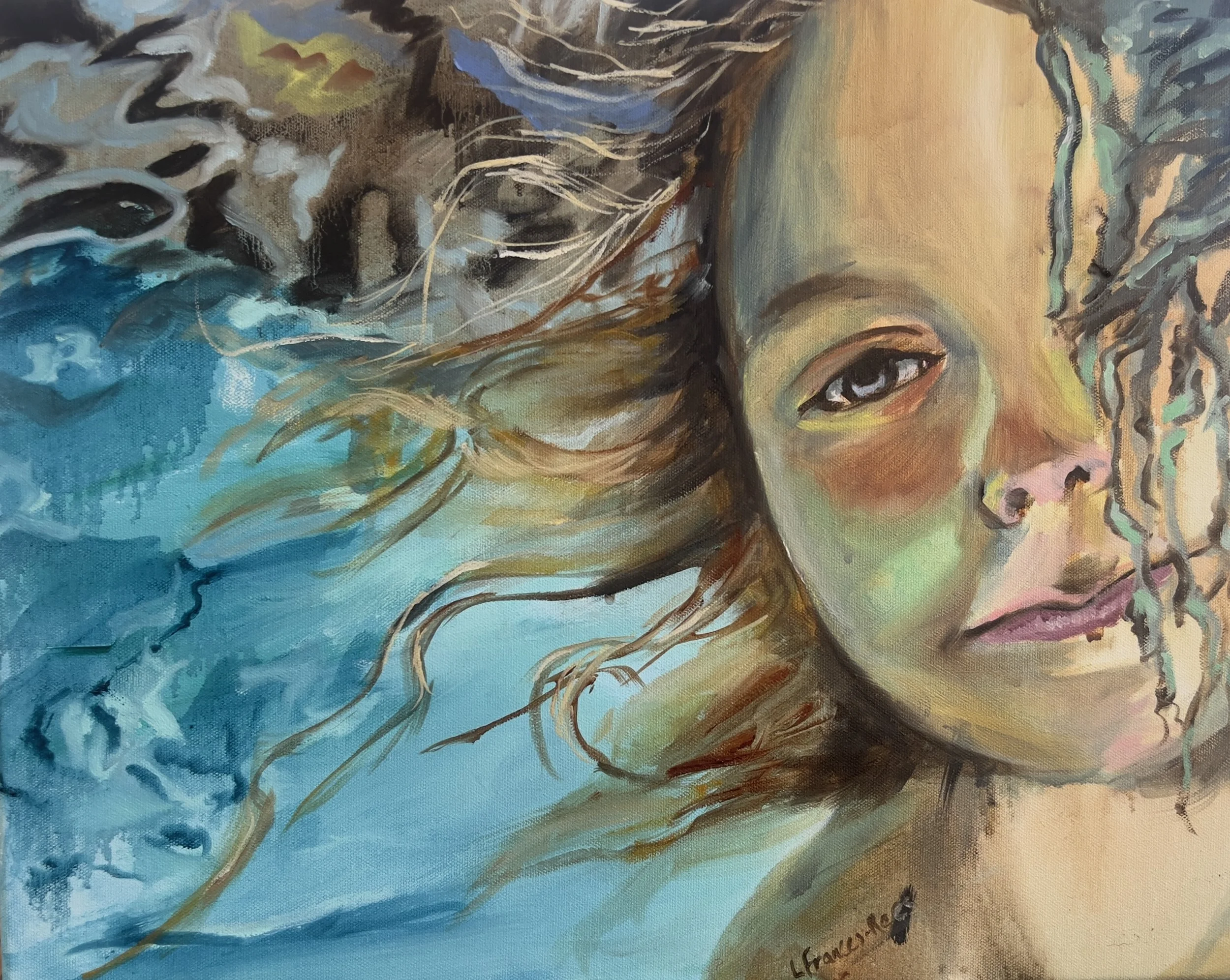 "The Weight of a Whisper" 24x18," mixed media and oil on gallery wrapped canvas, $950