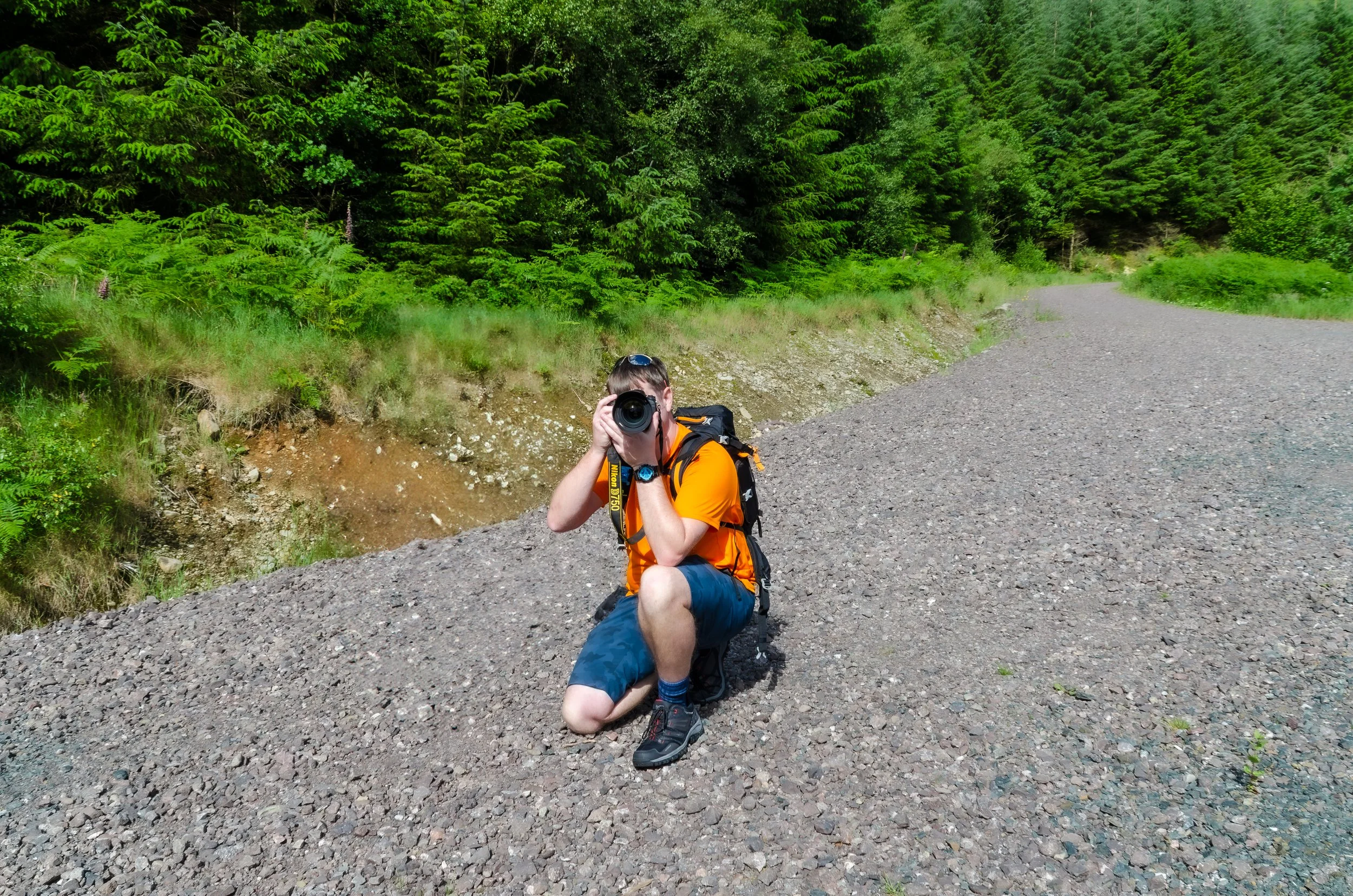 Person kneeling on a gravel path, taking a photo with a camera, surrounded by green forest.