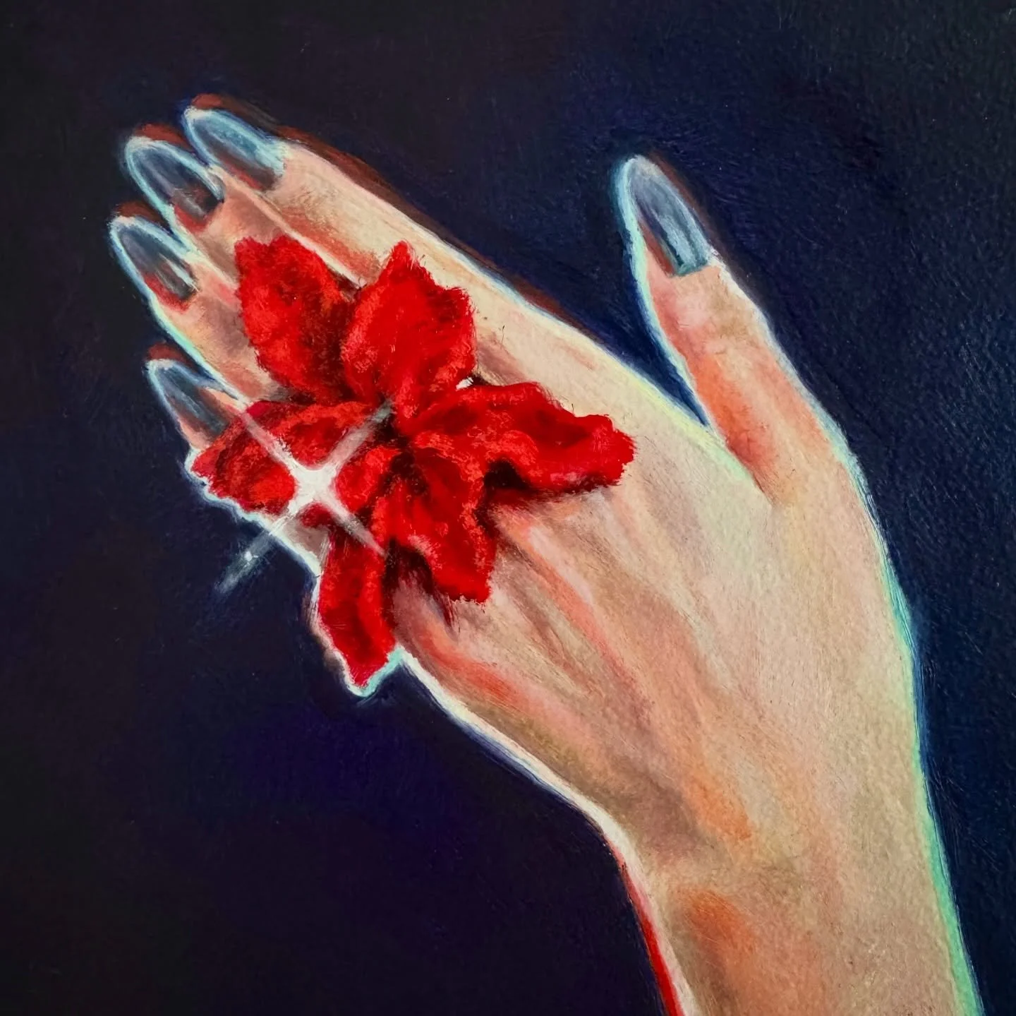 A painting for Kate, an incredible creative person and owner of @kate_lam_jewelry ✨ It depicts Kate&rsquo;s delicate hand wearing a red beaded ring she made herself.

Love your jewelry pieces, you are forever inspiration 💗Rooting for your full recov
