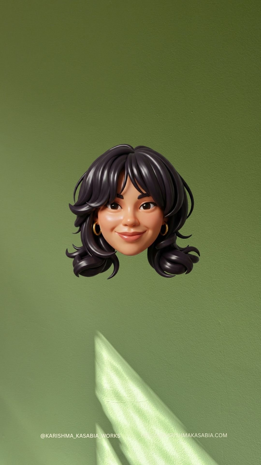A cartoon-style digital illustration of a woman's face with black, wavy hair, gold hoop earrings, and a friendly smile, set against a green background with light patterns.