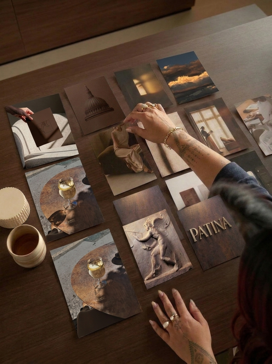 Person arranging photographs and postcards on a wooden table, with some items like a beer glass, cup, and decorative objects visible.