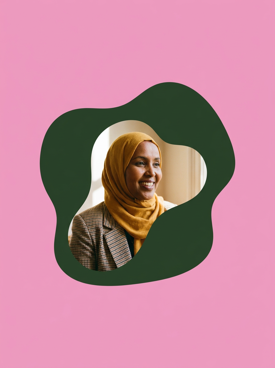 A woman wearing a mustard yellow hijab and a checkered blazer, smiling and looking to the side, framed within a green abstract shape on a pink background.