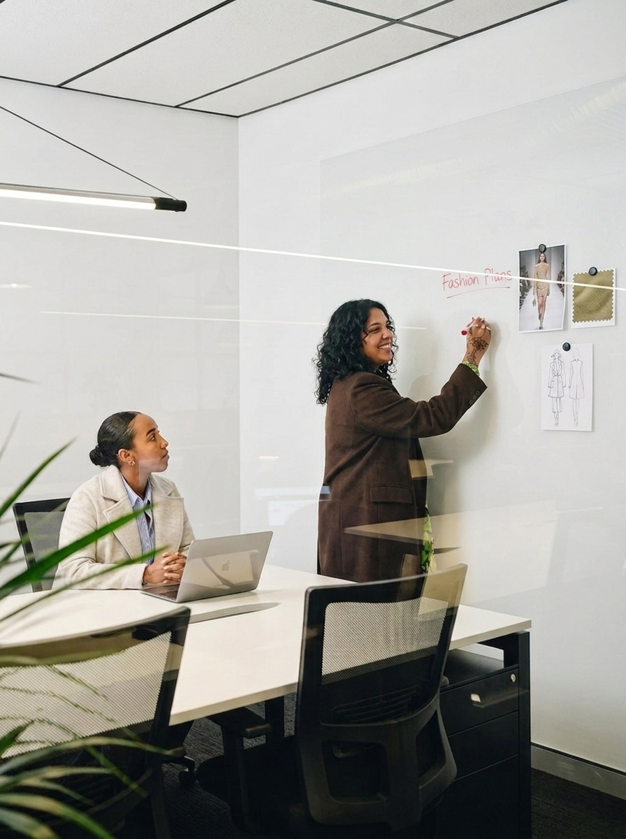 Two women in a modern conference room; one is standing and writing on a whiteboard with photos and sketches, the other is seated at the table with a laptop, listening. The standing woman is smiling.