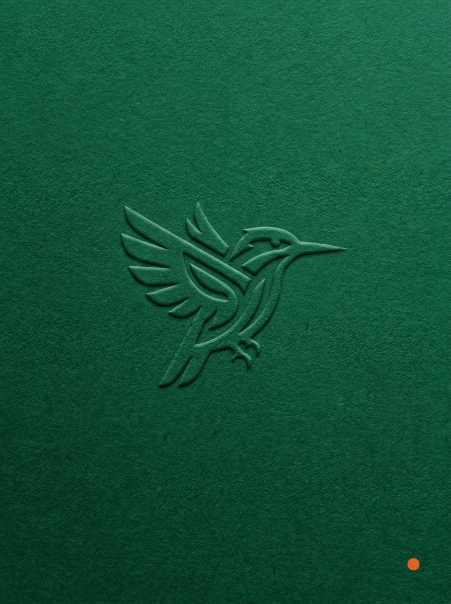 Embossed logo of a hummingbird on a textured green background.