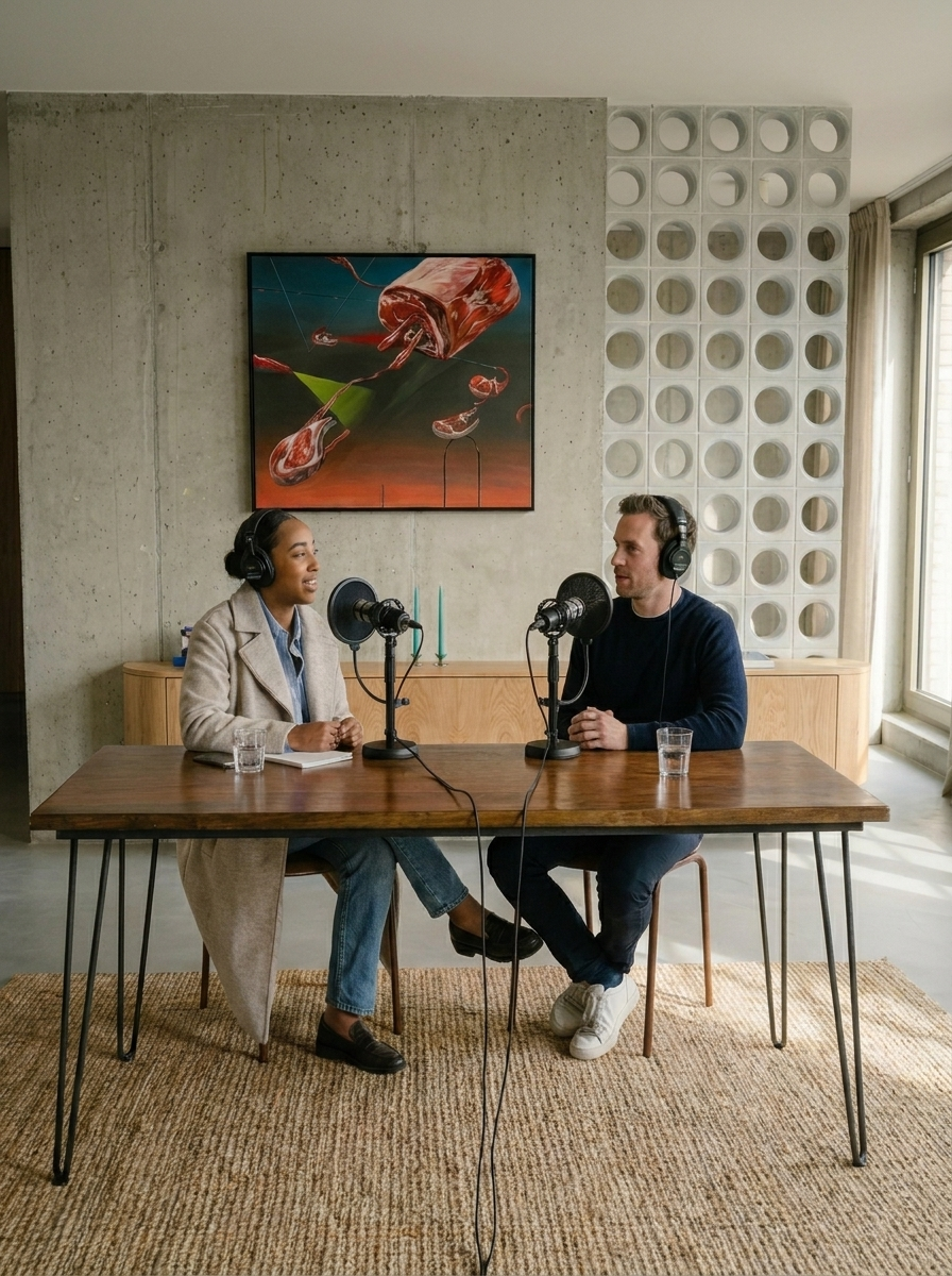 Two people recording a podcast in a modern room, seated at a wooden table with microphones and headphones, with a concrete wall and large window in the background.