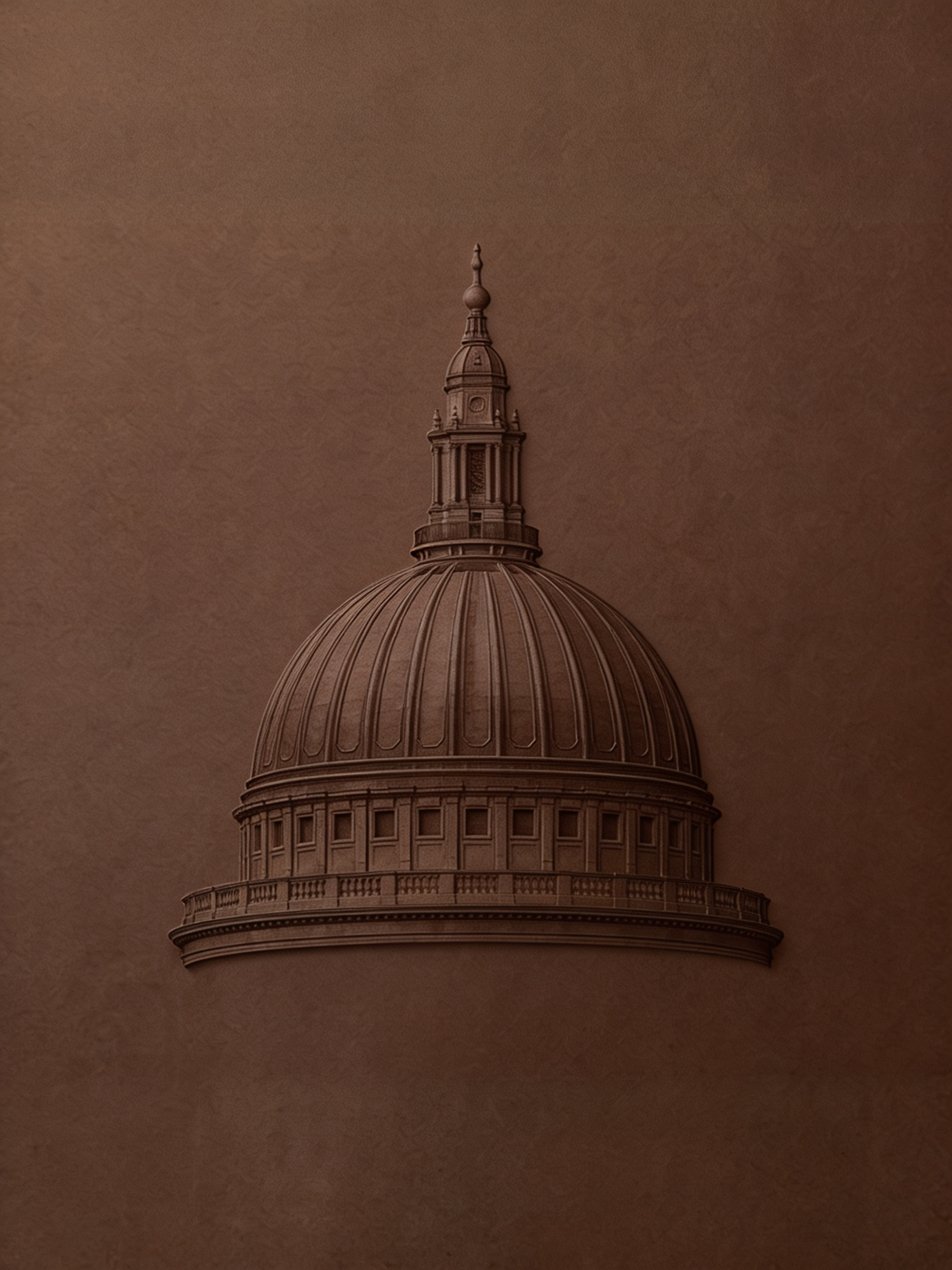 Close-up of a domed building with a small spire on top, against a cloudy brown sky.