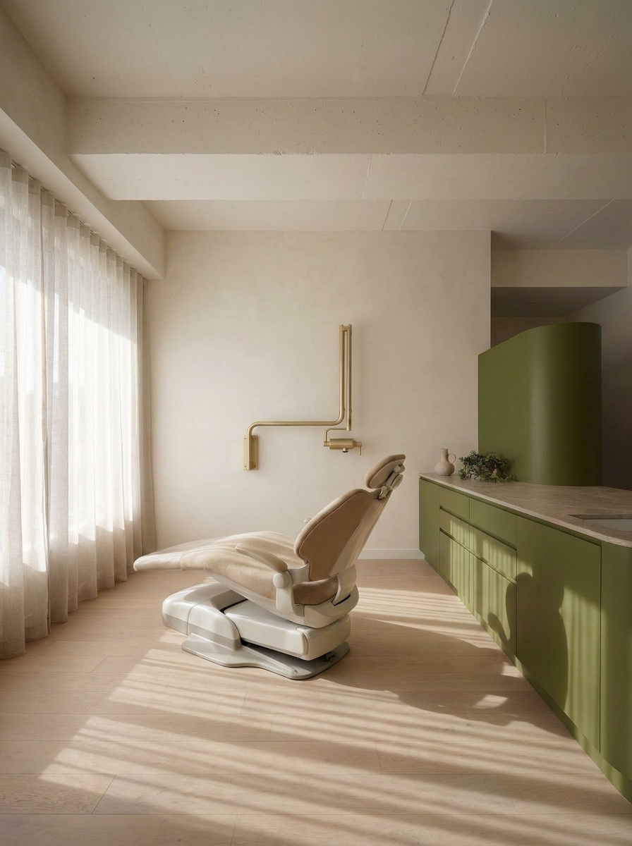 A dental office treatment room with a beige dental chair, green cabinets, natural light from a window with curtains, and soft shadows on the wooden floor.