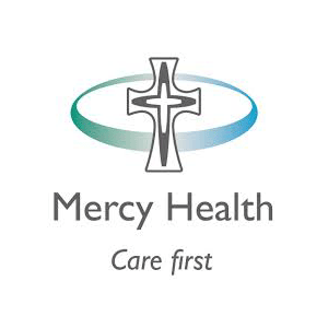 Mercy Health logo featuring a stylized cross with a circular swoosh around it and the text 'Mercy Health' and tagline 'Care first' underneath.