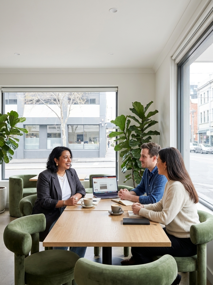 Three people sitting at a wooden table in a bright cafe, engaged in conversation. One woman is speaking, with a laptop and cups on the table, and large windows behind them showing an urban street scene.