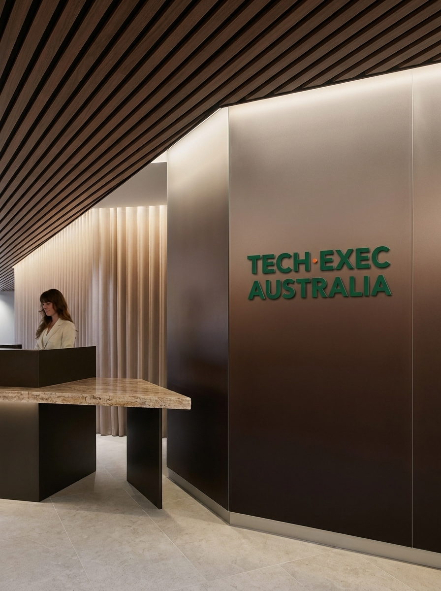 Reception area with a woman standing behind a desk, modern interior with wood ceiling, metallic wall with green text reading 'TECH•EXEC AUSTRALIA'.