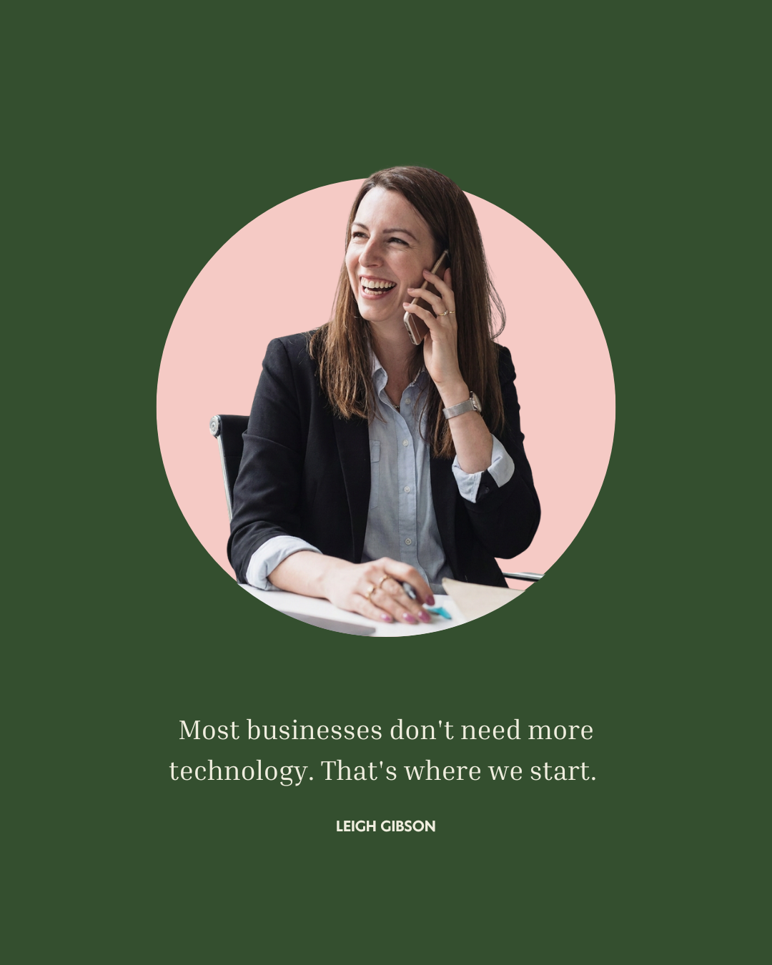 A woman in a business suit sitting at a desk, smiling, and talking on the phone with a pink background and a green overlay.