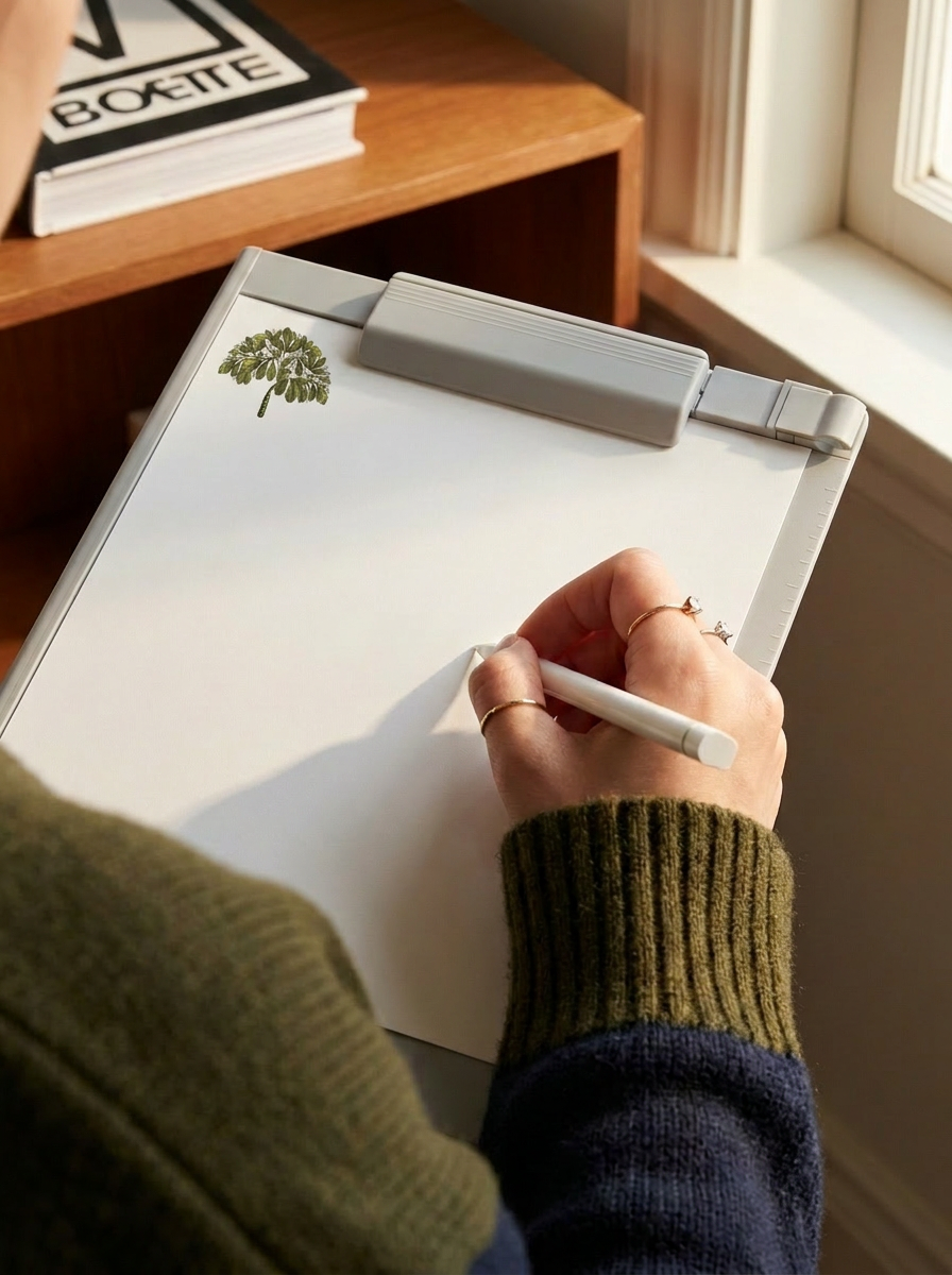 Person writing on a white notebook or sketchpad with a pasting spot at the top, on a desk near a window, with a green and brown sweater sleeve visible.