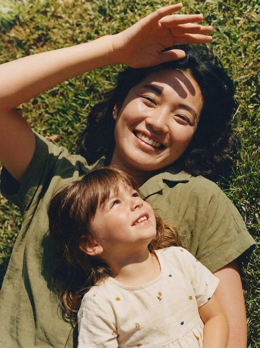 A woman and a young girl lying on grass, smiling, with sunlight creating shadows on her face.