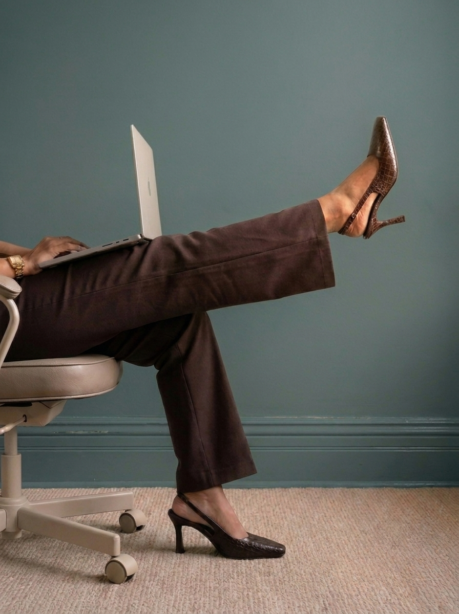 Close-up of a person sitting in an office chair with one leg crossed over the other, using a laptop. The person is wearing dark pants and high-heeled shoes, with a plain teal wall in the background.