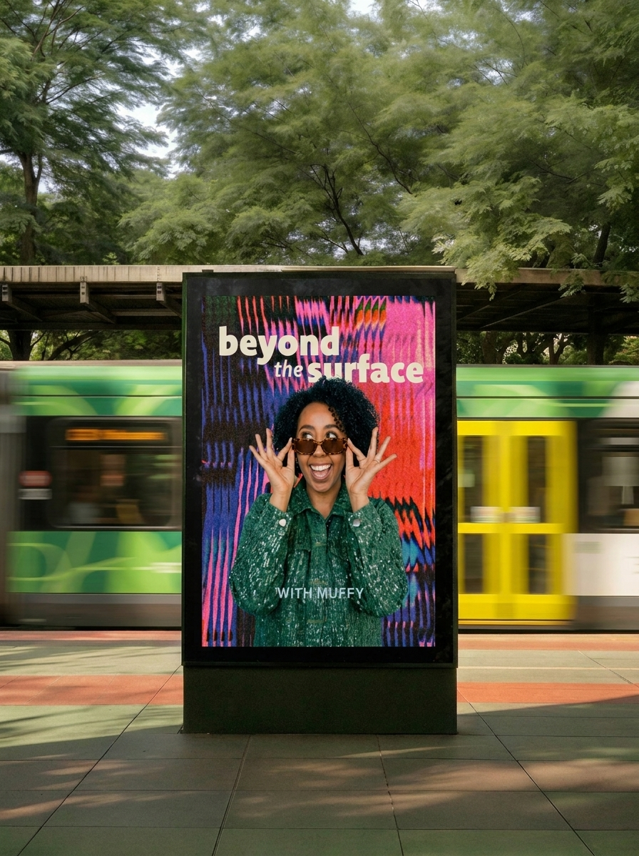 A digital billboard advertisement featuring a woman with curly black hair wearing glasses and a green patterned shirt. The background has colorful abstract lines. The text says "beyond the surface" with smaller text "with MUFFY" at the bottom. A moving train passes behind the billboard, with trees and the sky in the background.