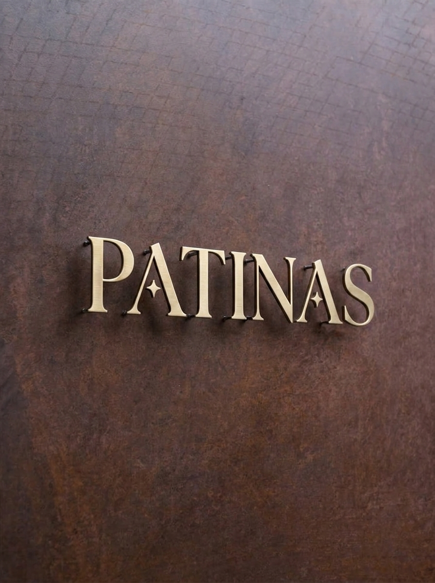 Golden metal sign reading 'PATINAS' attached to a dark brown textured wall.