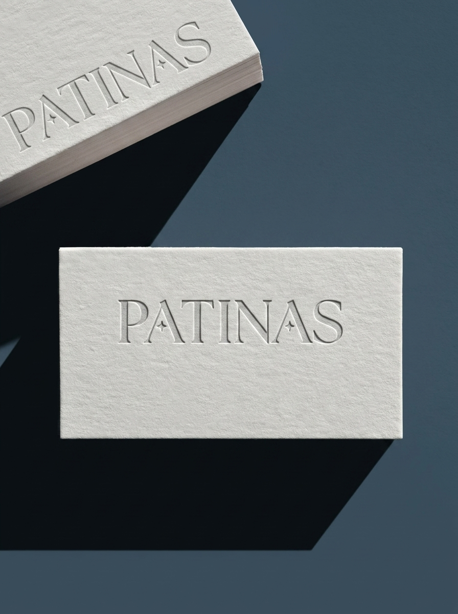 Close-up of two white boxes embossed with the word "PATINAS" on a dark grey surface, casting shadows.