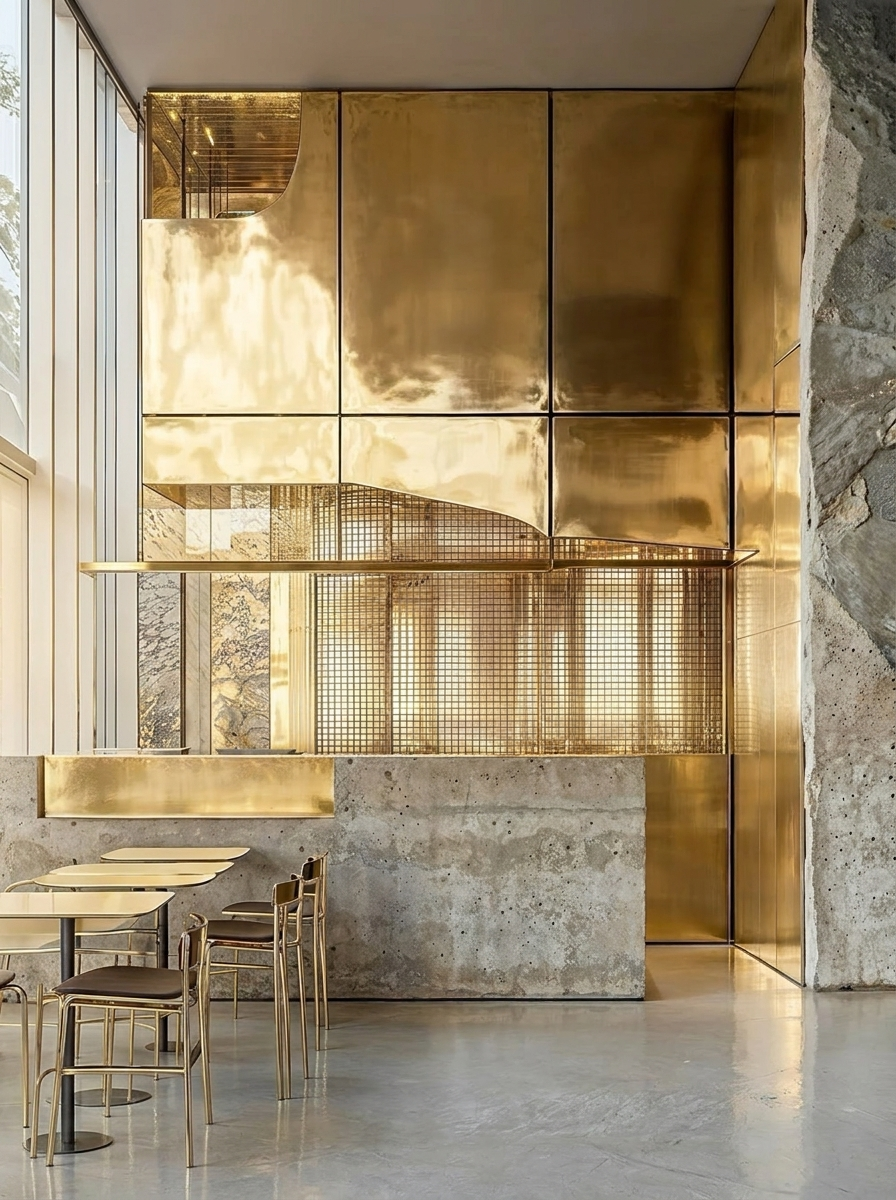 Interior space with gold-colored metal panels, glass, and concrete, featuring a seating area with chairs and tables.