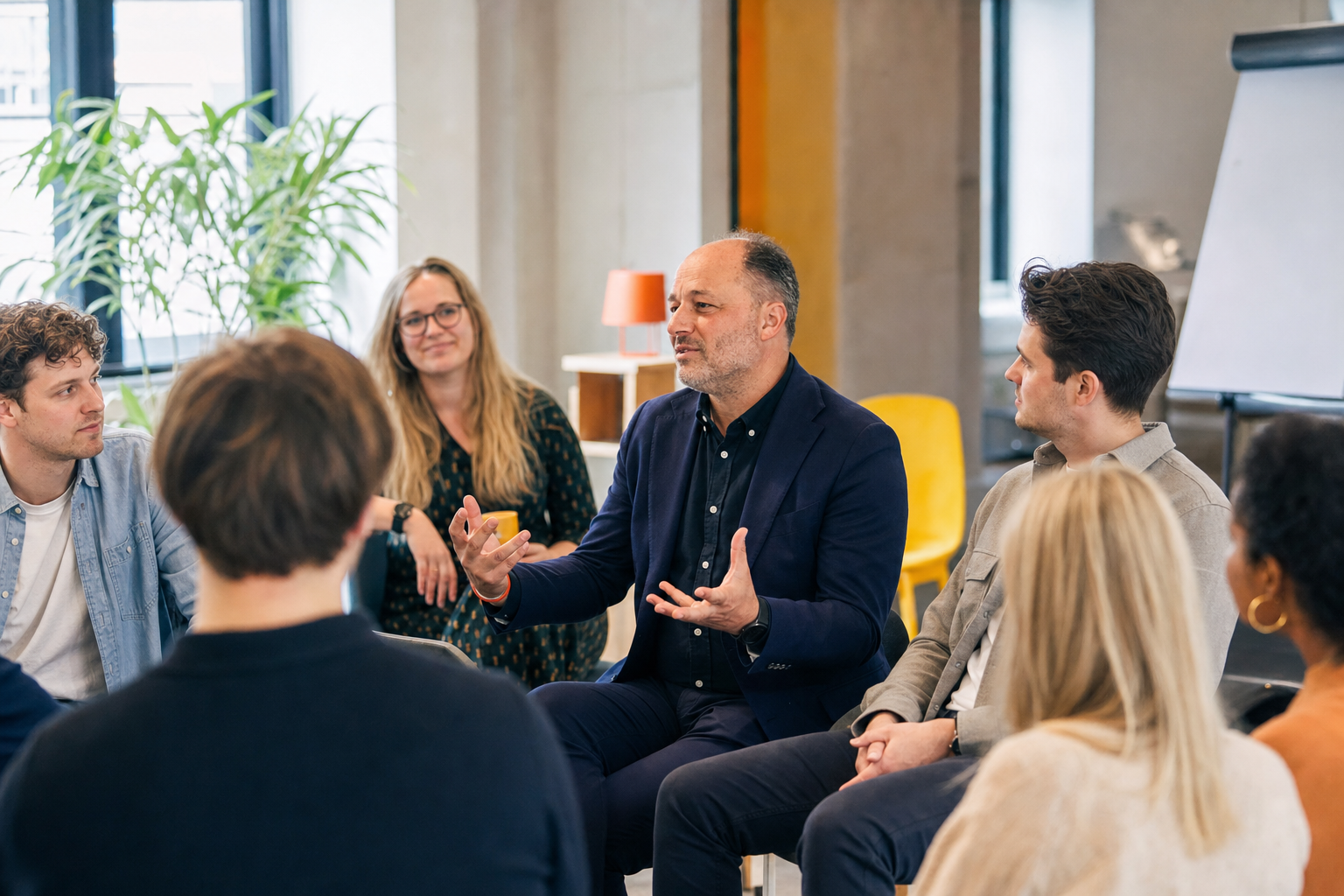 Erik van Straaten faciliteert een gesprek met een groep professionals.