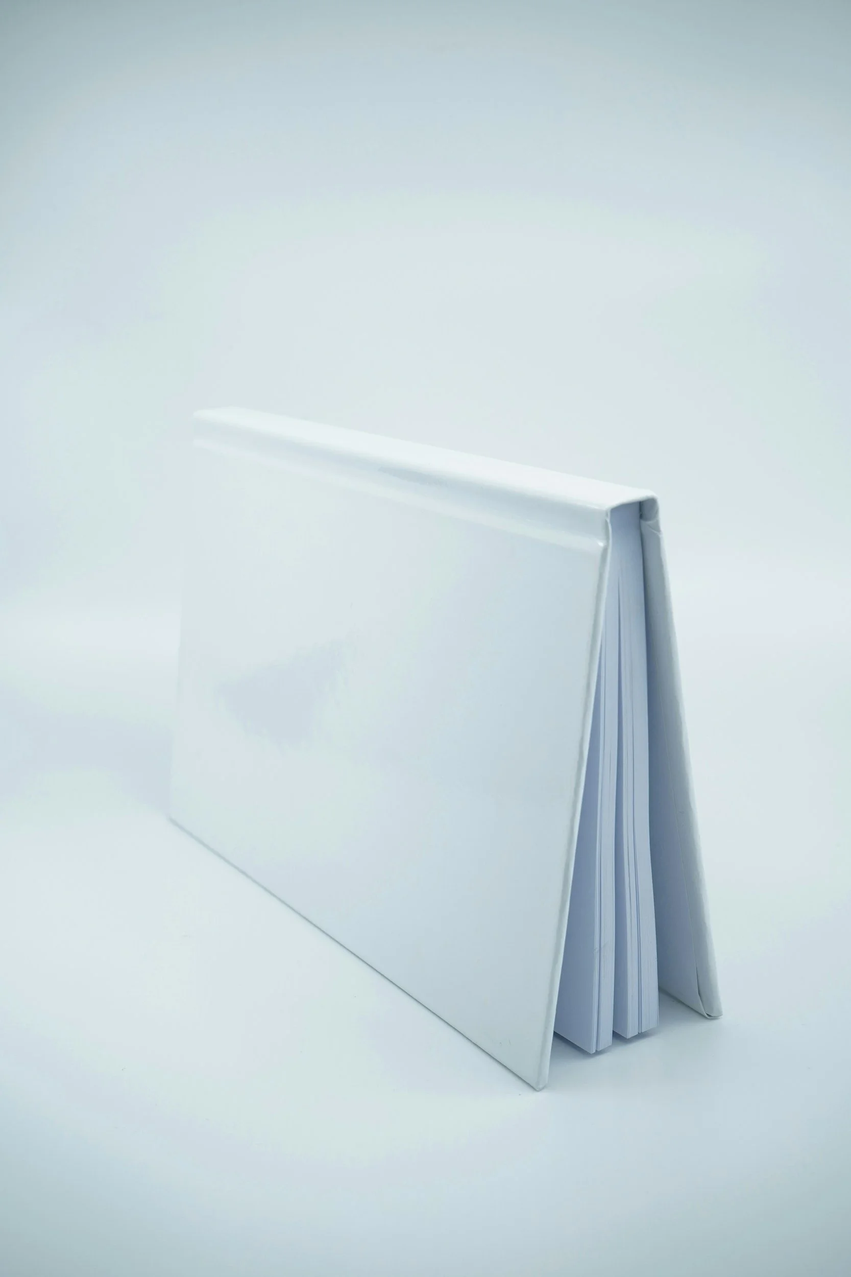 Een wit, plat, openbaar boek of map met meerdere pagina's tegen een witte achtergrond.