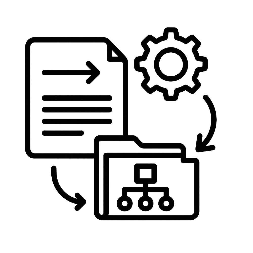 Grafik zeigt einen Ablaufplan mit Dokument, Zahnrad und Ordner mit Verbindungen, symbolisiert Workflow und Automation.