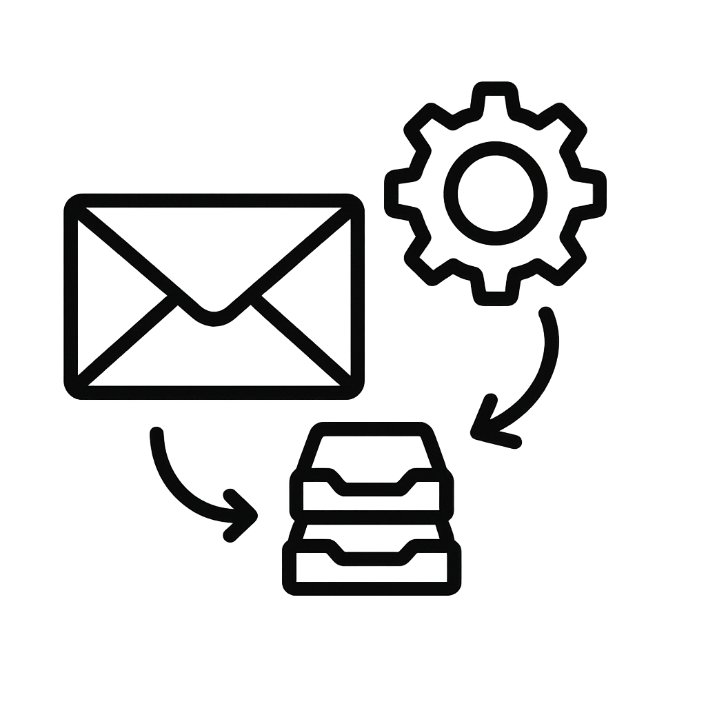 Skizzierte Symbole eines E-Mail-Posteingangs, eines Zahnrads, eines Stapels von Dokumenten und Pfeile, die auf automatischen Datenfluss oder Prozesse hinweisen.
