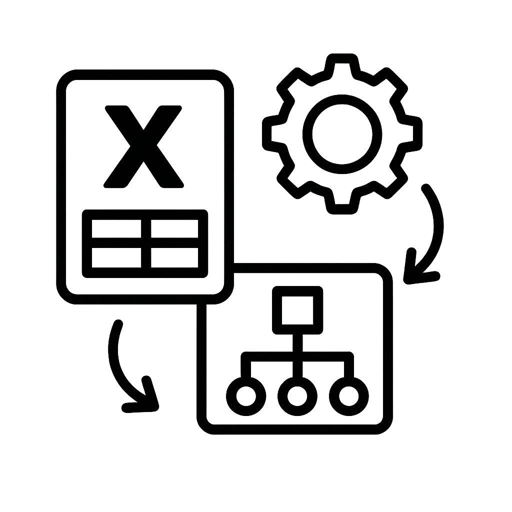 Diagramm mit Symbolen für ein Kalkulationsblatt, eine Zahnradmechanik und eine Hierarchie- oder Flussstruktur, verbunden durch Pfeile.