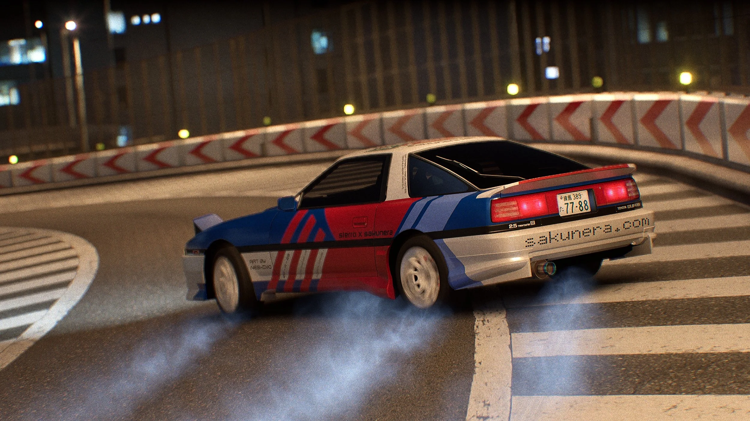 Image of car drifting, covered in decals of sakunera.com and sferro's bandcamp