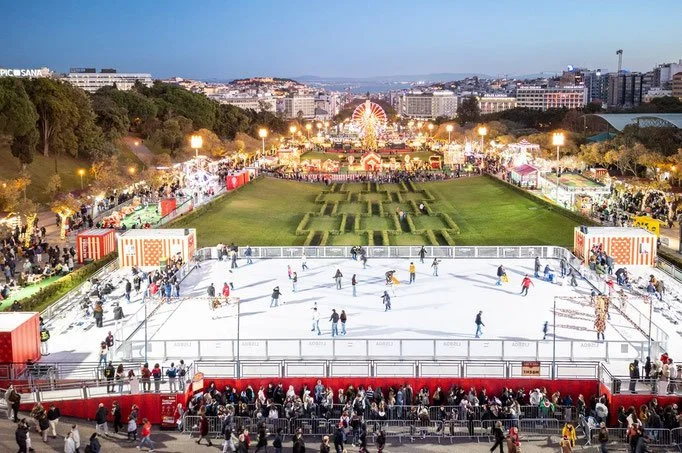 Families skating at the ecological ice rink at Wonderland Lisboa