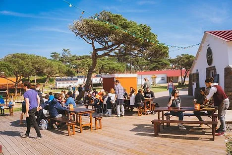People enjoying lunch and drinks at Aldeia da Praia, a charming coastal spot located between Guincho Beach and Praia Grande, offering a perfect place to relax and savor local cuisine in a scenic setting.
