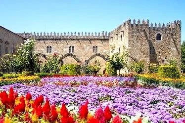 Colorful flower garden in the Guimarães Medieval Castle.